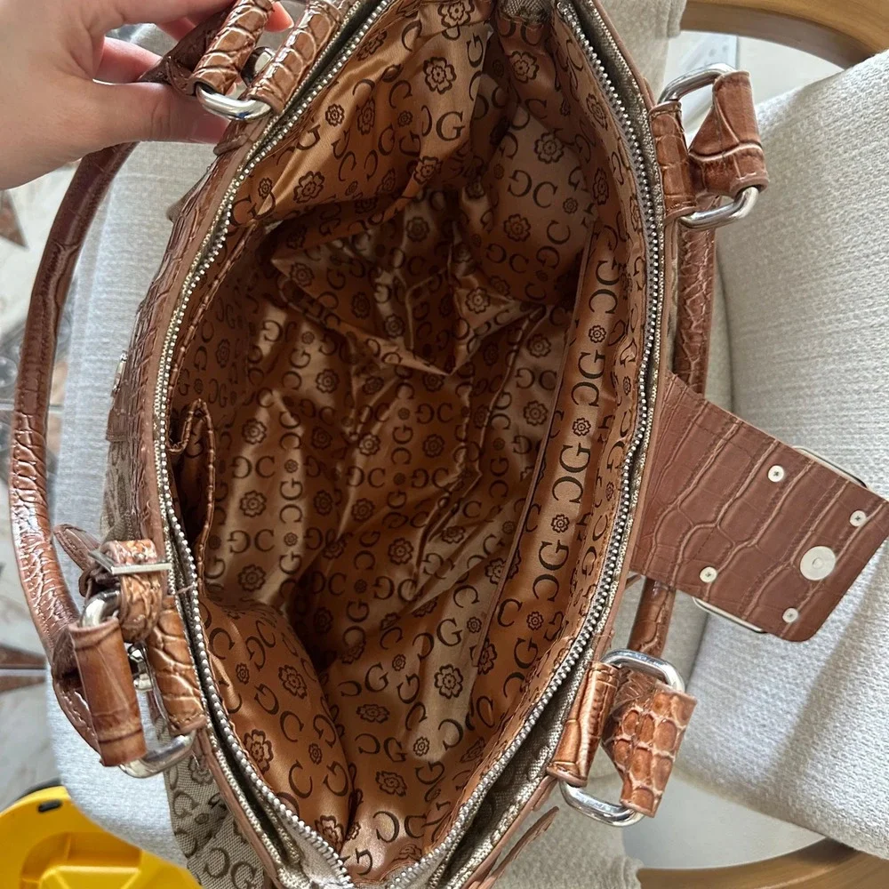 RARE Guess Monogram Canvas Brown Croc Embossed Bag Satchel‎ G Logo Buckle Y2K